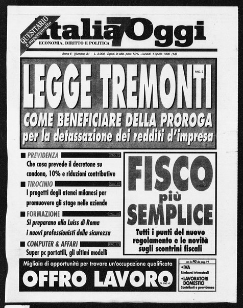 Italia oggi : quotidiano di economia finanza e politica